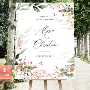 Rose Gold Wedding Welcome Sign: Boho Floral, Custom Names (Digital Download)