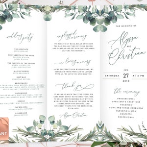 MARI Trifold Wedding Programs with Eucalyptus, Folded Boho Ceremony Template, Rustic Rosemary Greenery Download, Editable Order Of Service image 1
