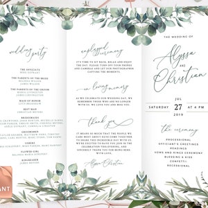 MARI - Trifold Wedding Programs with Eucalyptus, Folded Boho Ceremony Template, Rustic Rosemary Greenery Download, Editable Order Of Service