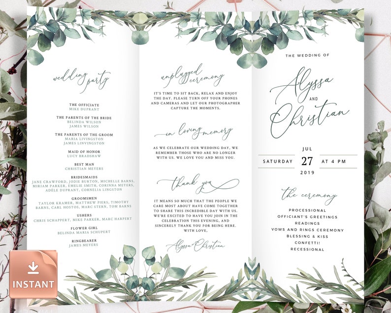 MARI Trifold Wedding Programs with Eucalyptus, Folded Boho Ceremony Template, Rustic Rosemary Greenery Download, Editable Order Of Service image 1