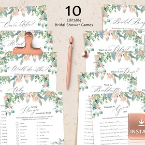 Editable Bridal Shower Games Bundle: Blush Greenery (Instant Download)
