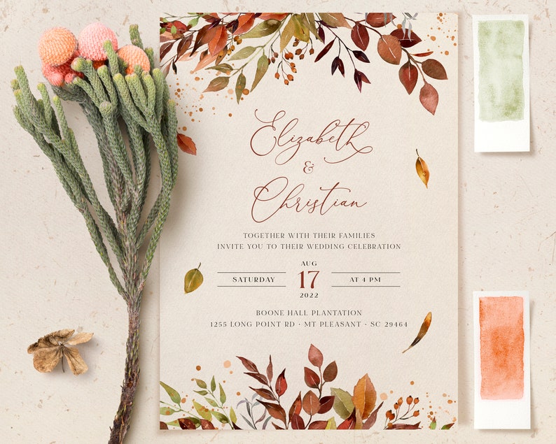 SIENNA Fall Wedding Invitation Template, Rustic Autumn Leaves and Greenery, Download Editable Invite, Printable Marriage, Bundle Invites image 8