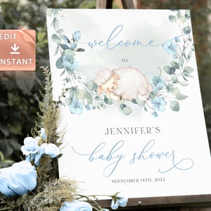 Blue Lamb Baby Shower Welcome Sign: Editable Printable (Digital Download)