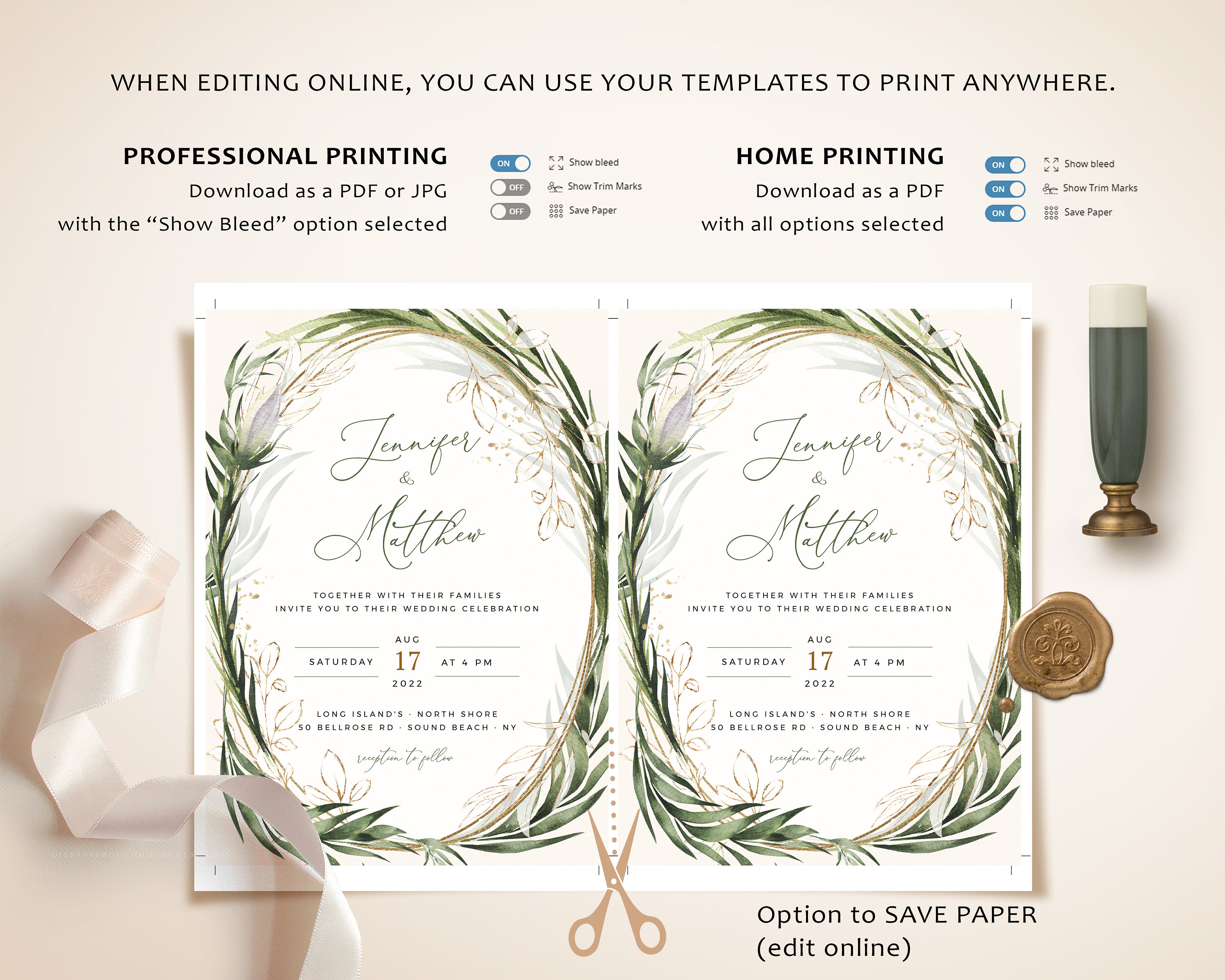 Sage Green Wedding Invitation Template: Bohemian Greenery (instant ...