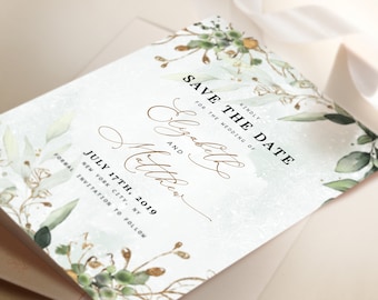 CLEO - Printable Save the Date Card, Bohemian Greenery with Eucalyptus and Gold, INSTANT DOWNLOAD, Printable Editable Save the Date Template