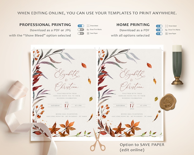 SIENNA Rustic Fall Wedding Invitation Template, Autumn Leaves and Greenery, Download Editable Invite, Printable Marriage, Bundle Invites image 5