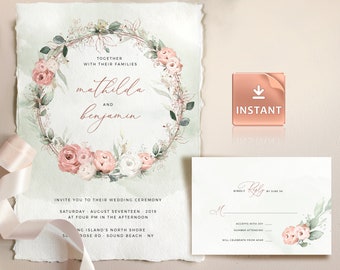 Dusty Rose Wedding Invitation Template: Boho Rosegold Greenery (Printable)