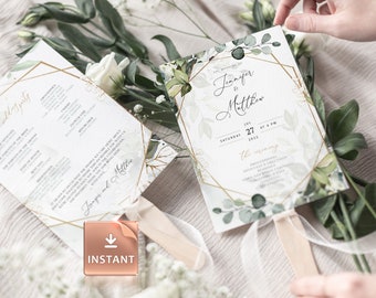 Geometrical Wedding Program Fan Template: Reese Editable Ceremony Fan (Download)