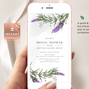 LAMI - lavendel bruiloft elektronische uitnodiging per post, digitale uitnodiging, E Vite Rosemary lavendel aanpasbare bewerkbare Instant Download
