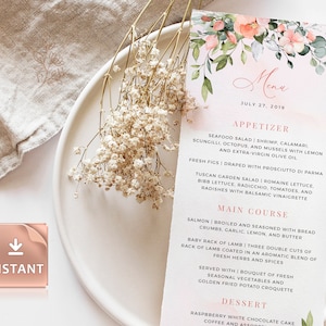 KYLIE - Blush Greenery Menu Card, Wydrukuj karty menu weselnego, Kolacja brunchowa na wieczór panieński, NATYCHMIASTOWE POBIERANIE, Wydrukuj karty menu