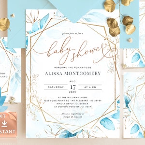 NILS - Invito per baby shower blu, Invito per baby shower geometrico in oro, Modello per baby shower, Cartoline per bambini stampabili, Templett modificabile fai da te