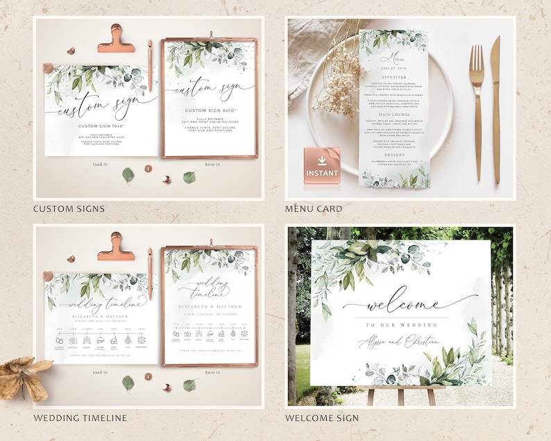 Greenery Wedding Invitation Collection 30 Templates, Customizable Wedding Kit, Mega Bundle, Eucalyptus Sage Green and Blue image 4