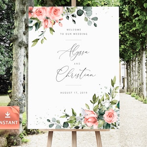 Peony Rose Wedding Welcome Sign: Eucalyptus Greenery Template (Digital Download)