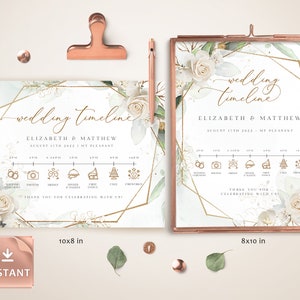 Geometric Wedding Timeline Sign: White Roses, Printable Schedule (Digital Download)