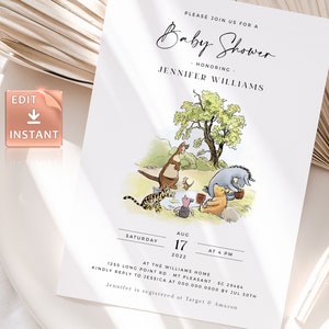 POOH - Invitación al baby shower del oso, Sprinkle clásico de Winnie-The-Pooh para bebés, rifa de pañales, solicitud de libro, tarjeta de agradecimiento, plantilla editable