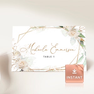 MARCI - Tarjetas geométricas para lugares de boda, hojas verdes de acuarela de eucalipto, planas y plegadas en tienda, DESCARGA INSTANTÁNEA, Plantilla editable