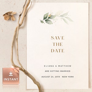 CLEO - Afdrukbare Save the Date Card, Boho Greenery met eucalyptus en goud, INSTANT DOWNLOAD, Afdrukbare bewerkbare Save the Date-sjabloon