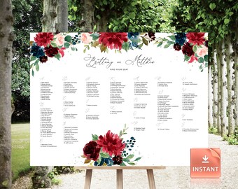 Plantilla de plano de asientos para boda con flores burdeos (descarga digital)