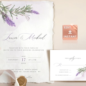 Lavender Rosemary Wedding Invitation Template: Purple Watercolor (DIY Instant Download)