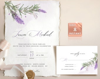 LAMI - Lavendel Rosmarin Hochzeit Einladung Vorlage, Lila Aquarell schwach grün einladen, Salbei Garten Vorlagen, DIY Sofort Download