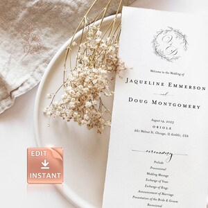 ELLE - Minimalistische Hochzeit Programmvorlage, Hochzeitszeremonie Reiseplan, Elegante Hochzeitsvorlage, Kalligraphie Skript, Templett Programme
