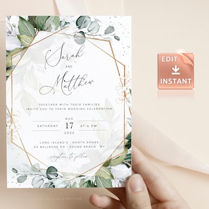 Boho Eucalyptus Wedding Invitation: Geometric Greenery (Instant Download)
