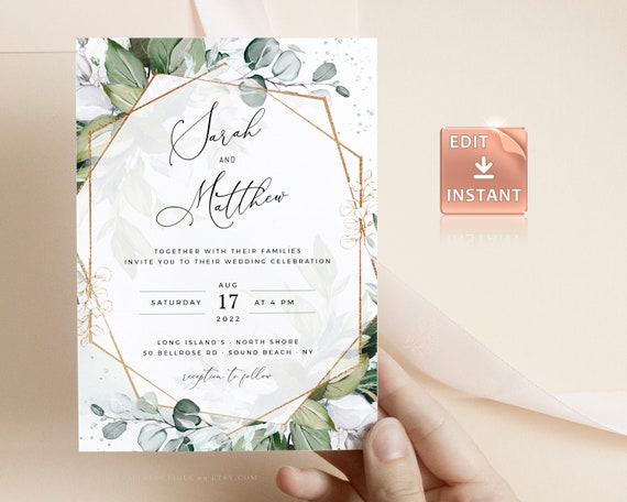 Bohemian Wedding Suite Instant Download Boho Watercolor Eucalyptus Wedding Invite Template REESE Geometric Greenery Wedding Invitation