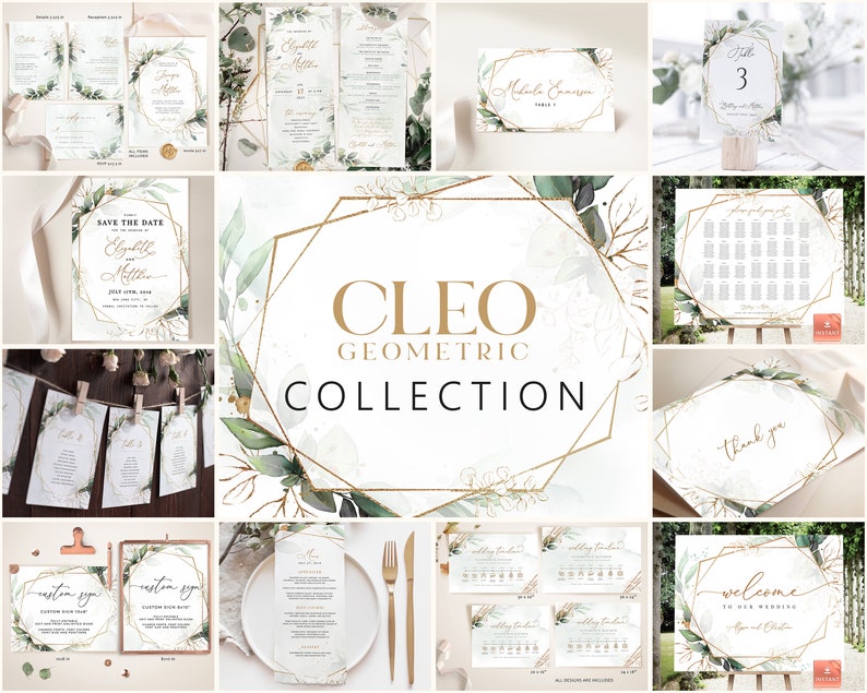 Wedding Template Collection Gold Geometric, Boho Wedding Invite Kit, Wedding Invitation Set, Invitation Template Bundle, Modern Invites CLEO image 1