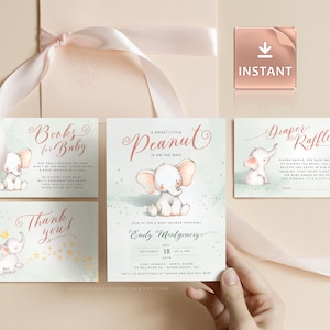 Elefante Baby Shower Invito Genere Neutro Acquerello Invito Pannolino Raffle Card, Carta fai da te stampabile digitale stampabile personalizzabile