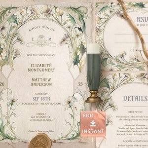 Vintage Daisy Wedding Invitation Template Art Nouveau Mucha Classic Editable Customizable Retro Invite Art Deco Theme Roaring 20th image 9