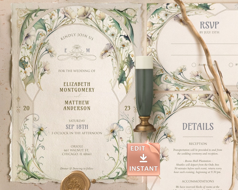 Vintage Daisy Wedding Invitation Template Art Nouveau Mucha Classic Editable Customizable Retro Invite Art Deco Theme Roaring 20th image 9