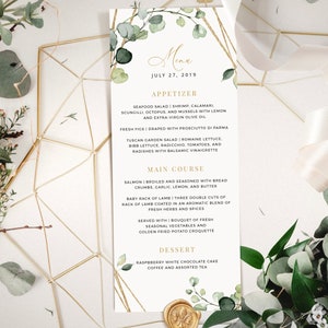 ELISA - Carte de menu imprimable Eucalyptus Gold, Verdure pour mariage, Douche nuptiale, Brunch, Téléchargement instantané, Modèles modifiables imprimables