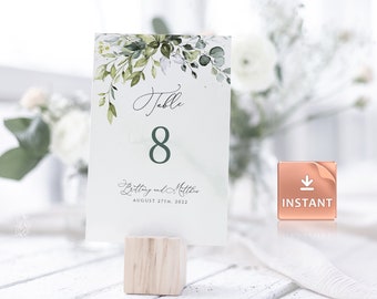 REESE - Watercolor Wedding Table Numbers, Greenery Eucalyptus Leaves, 2 Sizes 5x7" and 4x6", Instant Download, Editable Boho Card Template