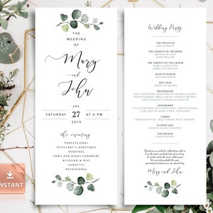Puede incluir: Invitación de boda con un diseño de eucalipto verde. La invitación es para la boda de Mary y John el sábado 27 de julio de 2019 a las 4 PM. La invitación también incluye una lista de los invitados a la boda.