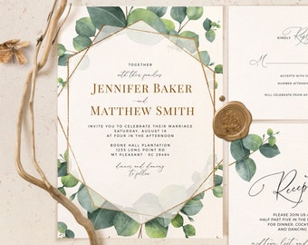 Geometric Eucalyptus Wedding Invitation, Boho Greenery Watercolor Wedding Invite Template, Bohemian Wedding Suite, Instant Download Set