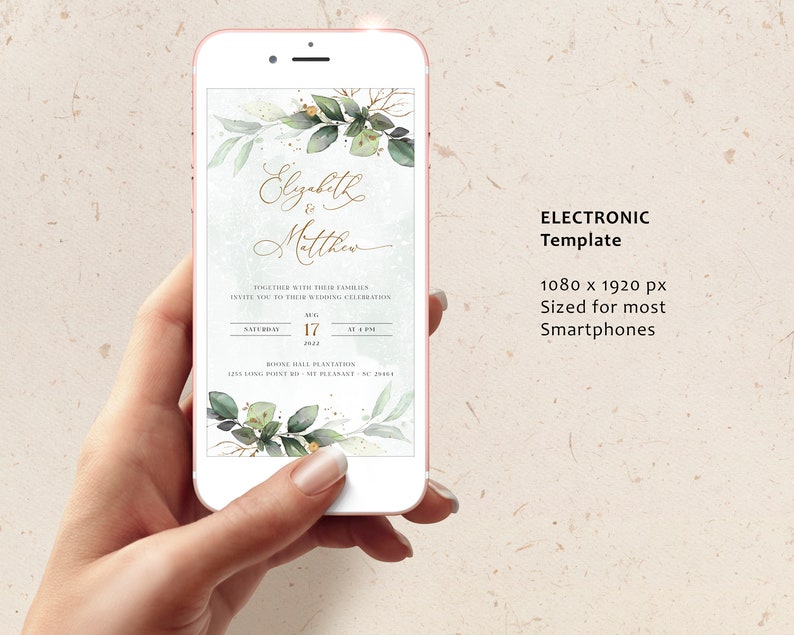 CLEO iPhone Wedding Evite Template, Smartphone Electronic Invitation, Greenery Digital Invite, Mobile Invitation Editable Instant Download image 5