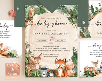 Woodland Baby Shower Invitation Template, Gender Neutral Baby Party, Animal Baby Shower Invite, Tree Rings with Fox, Bunny, Deer, Rabbit