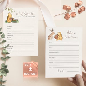 May include: Printable baby shower game cards featuring Winnie the Pooh and Piglet. The first card is a word scramble game with the words "RACSENYG", "GRIYON", "FEFICAIR", "TLISTO", "GNITH HITLG", "TALLLBU", "ROSTLELK", "FIDERULA", "MICAR", "EPDARI GRA", and "RASLEED". The second card is a "Advice for the Mommy" card with lines for guests to write their advice.