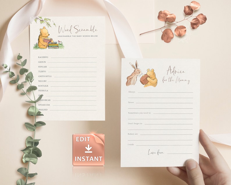 May include: Printable baby shower game cards featuring Winnie the Pooh and Piglet. The first card is a word scramble game with the words "RACSENYG", "GRIYON", "FEFICAIR", "TLISTO", "GNITH HITLG", "TALLLBU", "ROSTLELK", "FIDERULA", "MICAR", "EPDARI GRA", and "RASLEED". The second card is a "Advice for the Mommy" card with lines for guests to write their advice.