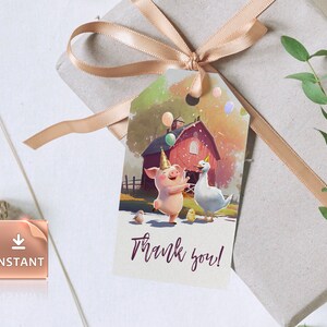 Thank You Tags Editable Farm Animals Birthday Red Barn Barnyard Stickers Farm Birthday Decor Favor Tags Cow Pig Chicklet Donkey Template