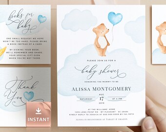 Bear Baby Shower Invitation Template: Blue Balloons (Digital Download)