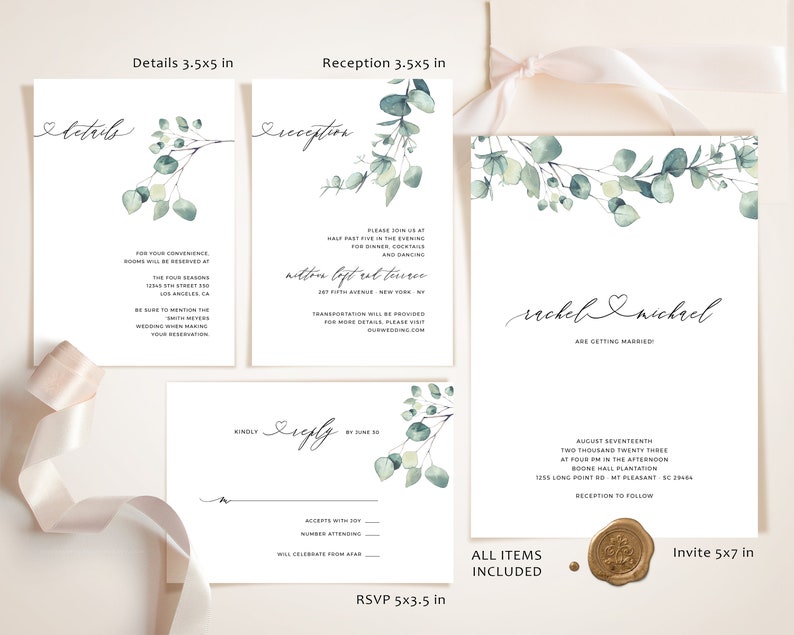 Op de afbeelding: Een set met trouwkaartjes met een eucalyptus- en groenontwerp. De kaarten omvatten kaarten met details, receptie, RSVP en uitnodiging. De uitnodigingskaart luidt "Rachel & Michael trouwen".