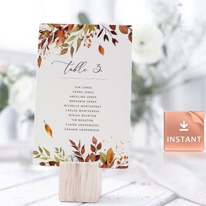 SIENNA - Cartes de numéro de table d'automne, feuillage d'aquarelle orange brûlé, modèle imprimable modifiable, carte de numéro de table de mariage, cartes d'automne