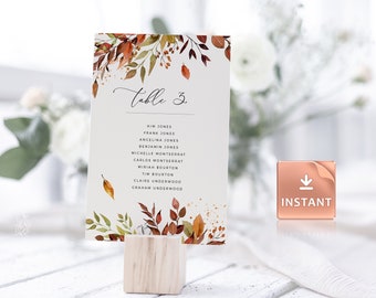 SIENNA - Fall Table Number Cards, Burnt Orange Watercolor Foliage, Editable Printable Template, Wedding Table Number Card, Autumn Cards