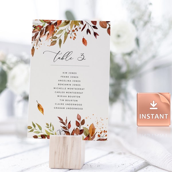 SIENNA - Fall Table Number Cards, Burnt Orange Watercolor Foliage, Editable Printable Template, Wedding Table Number Card, Autumn Cards