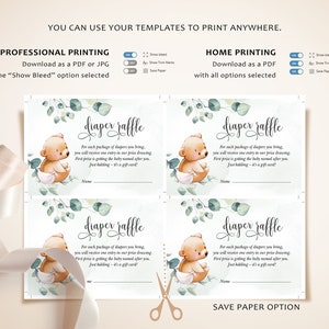 May include: Four printable diaper raffle cards with a cute cartoon bear wearing a diaper and holding a gift card. The cards have a green and white watercolor background with eucalyptus leaves. The text on the cards reads "diaper raffle" and includes instructions for the raffle.