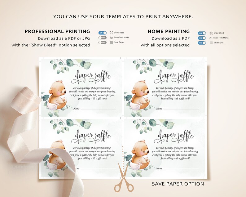 May include: Four printable diaper raffle cards with a cute cartoon bear wearing a diaper and holding a gift card. The cards have a green and white watercolor background with eucalyptus leaves. The text on the cards reads "diaper raffle" and includes instructions for the raffle.