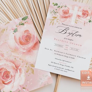 Roze gouden doopsel uitnodiging sjabloon, elegante afdrukbare meisje doopsel uitnodigen, moderne aquarel blozen bloemen, bewerkbare doop downloaden