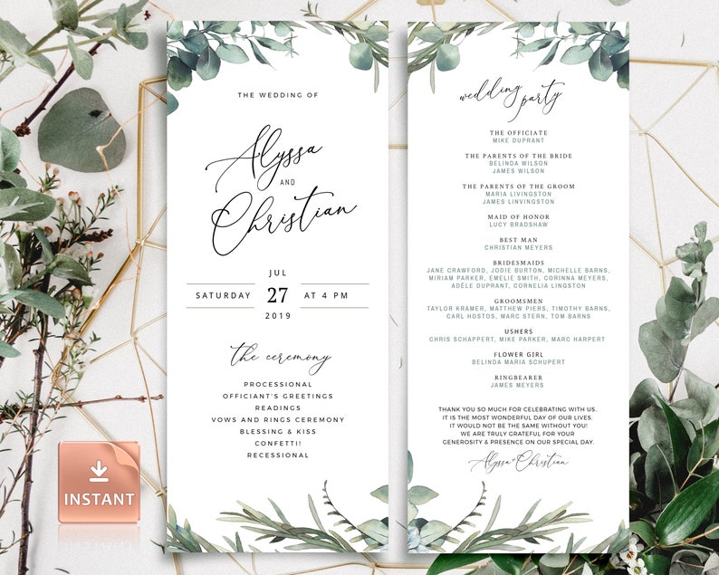 MARI Trifold Wedding Programs with Eucalyptus, Folded Boho Ceremony Template, Rustic Rosemary Greenery Download, Editable Order Of Service image 2