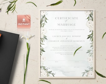 NEVE - White Roses Marriage Certificate, Modern Certificate Keepsake, Greenery Calligraphy Wedding Template, Wedding Keepsake Download